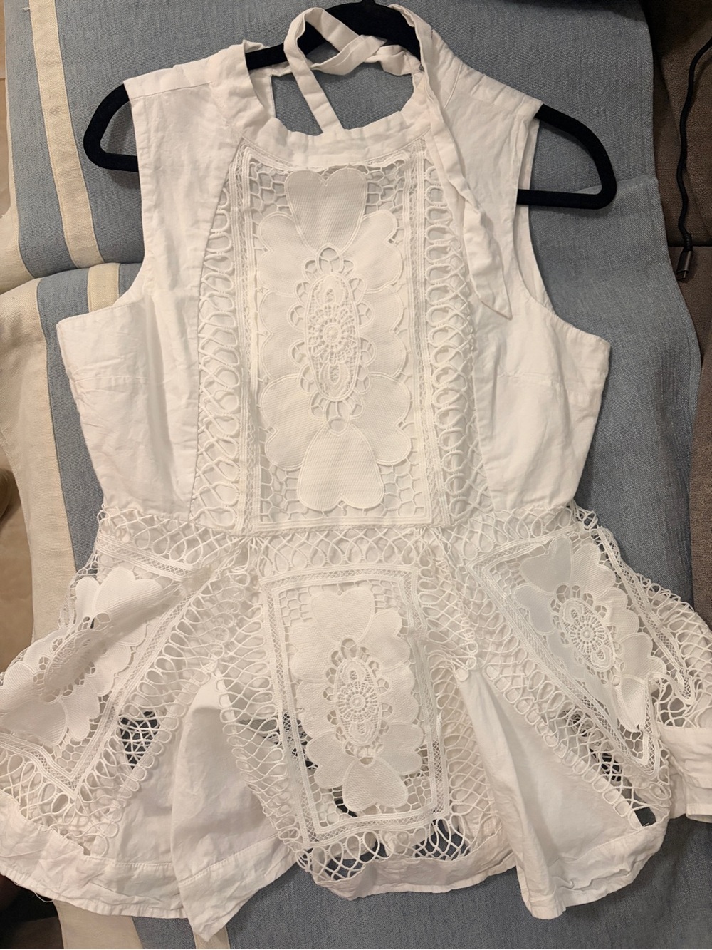 White Lace-Front Halter Tie Peplum Blouse